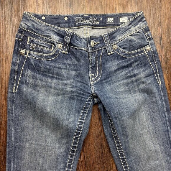 MISS ME BootJeans Rhinestone White Cross Distressed Medium Wash Size 26 - Picture 3 of 12